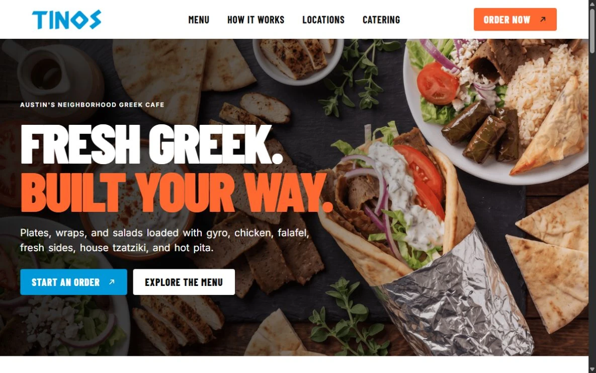 Tino’s Greek Cafe live homepage with fresh Greek food photography and clear ordering links