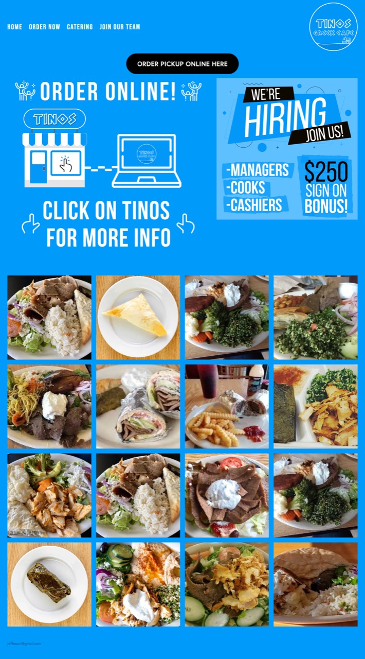 Tino’s Greek Cafe original blue homepage with ordering and hiring graphics
