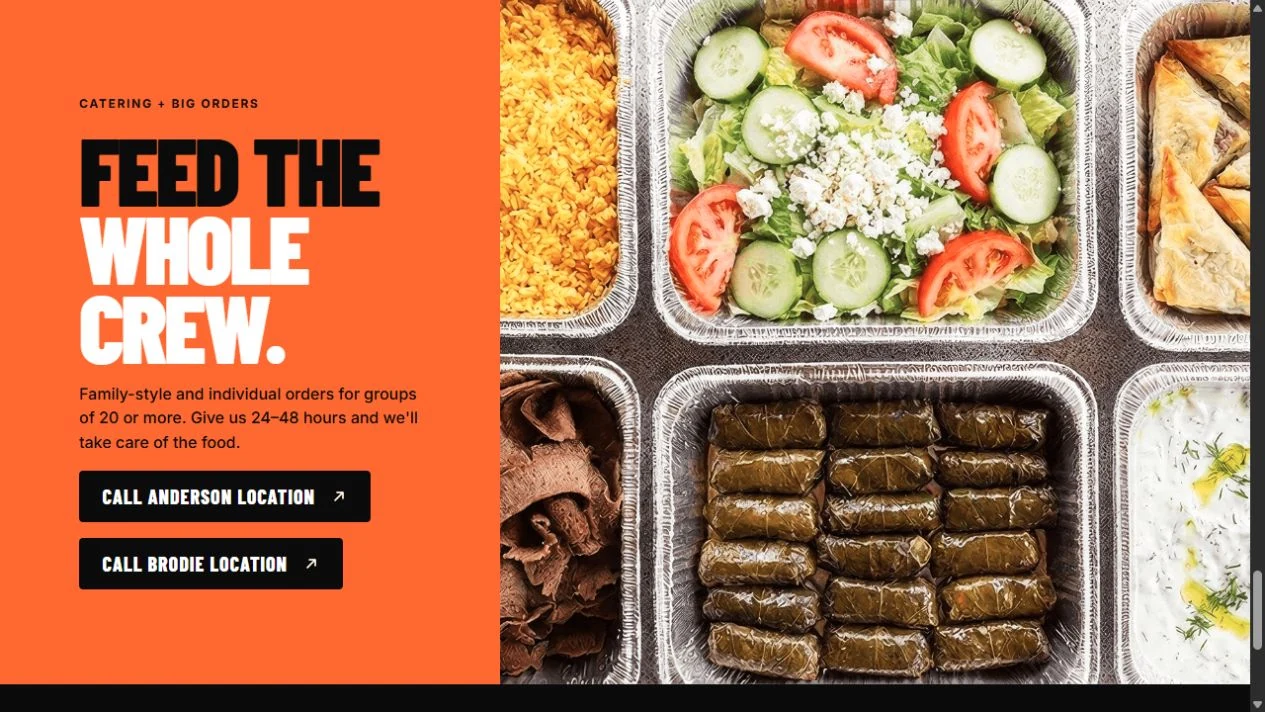 Tino’s catering website section with Greek food photography and clear contact buttons