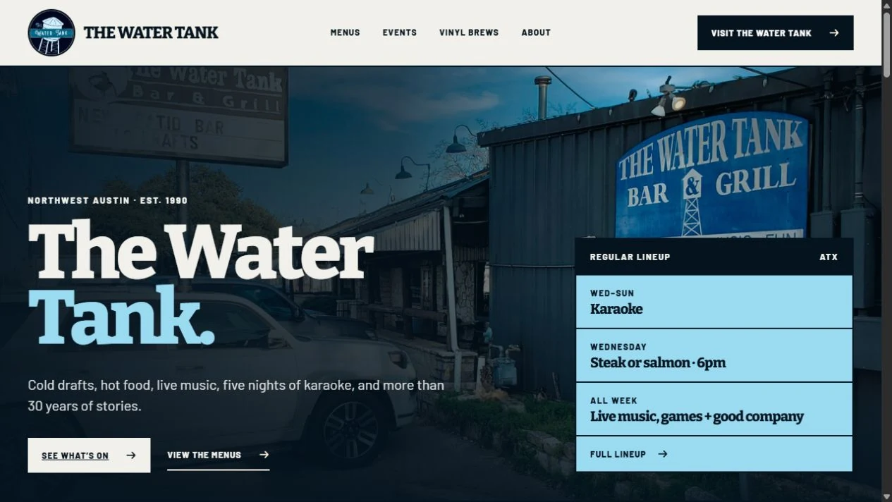 The Water Tank redesign with clear navigation and venue photography